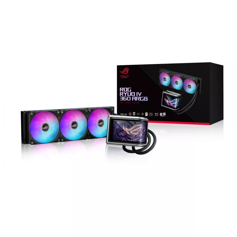 Universāls šķidruma dzesētājs ASUS ROG RYUO IV 360 ARGB — 360 mm radiators, 120 mm ventilatori, melns