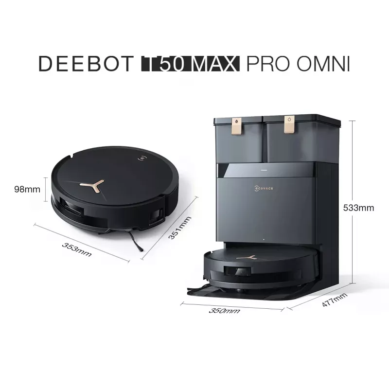 Robots putekļsūcējs Ecovacs Deebot T50 MAX PRO OMNI Gen2 — 3000Pa sūkšanas jauda, 180 min darbības laiks, melns