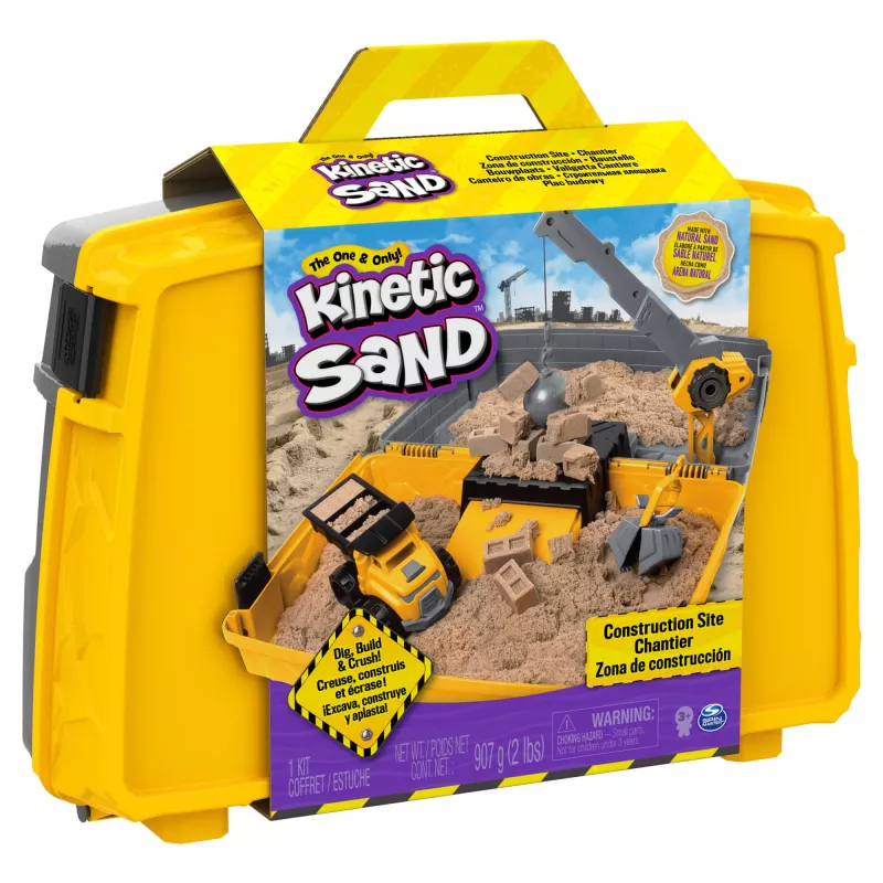 Kinetic Sand, Būvlaukums – saliekamā smilšu kaste ar 2 mārciņām spēļu smilšu un rotaļu kravas automašīnu, uzglabāšanas kaste, sensoriskās rotaļlietas, svētku dāvanas bērniem no 3 gadu vecuma