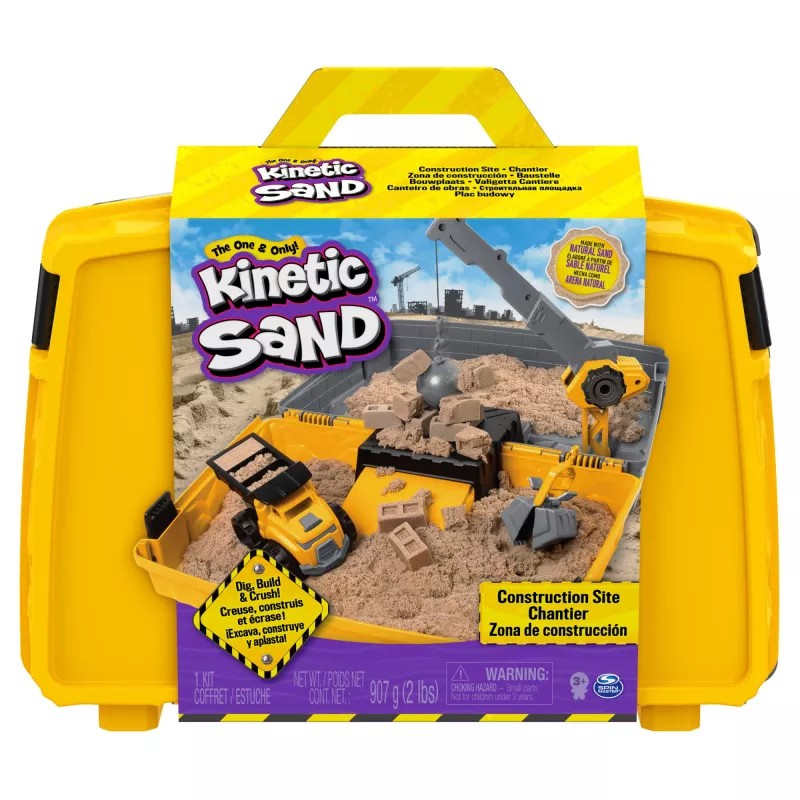 Kinetic Sand, Būvlaukums – saliekamā smilšu kaste ar 2 mārciņām spēļu smilšu un rotaļu kravas automašīnu, uzglabāšanas kaste, sensoriskās rotaļlietas, svētku dāvanas bērniem no 3 gadu vecuma
