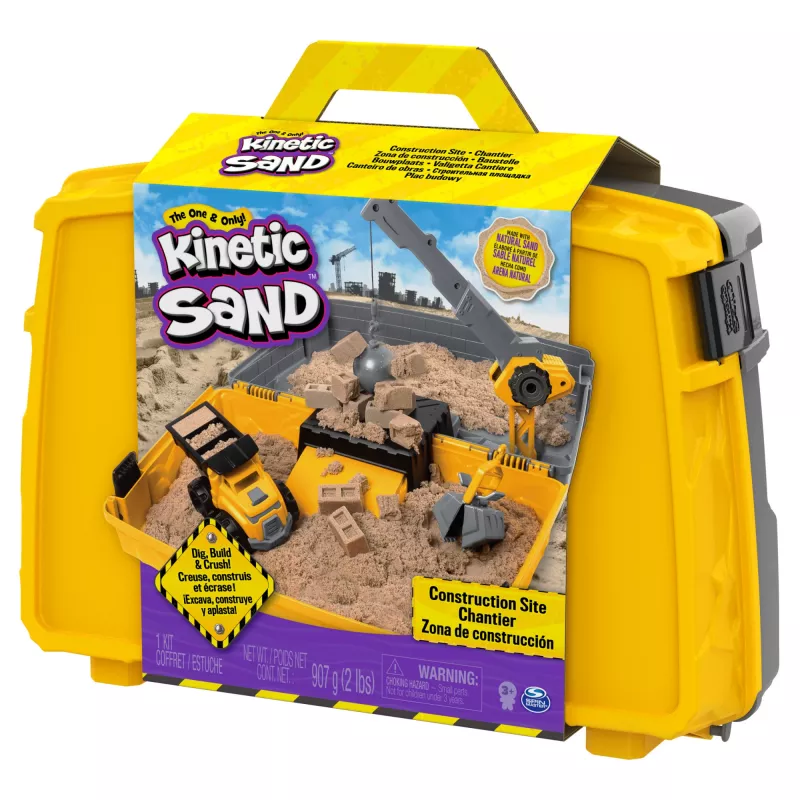Kinetic Sand, Būvlaukums – saliekamā smilšu kaste ar 2 mārciņām spēļu smilšu un rotaļu kravas automašīnu, uzglabāšanas kaste, sensoriskās rotaļlietas, svētku dāvanas bērniem no 3 gadu vecuma