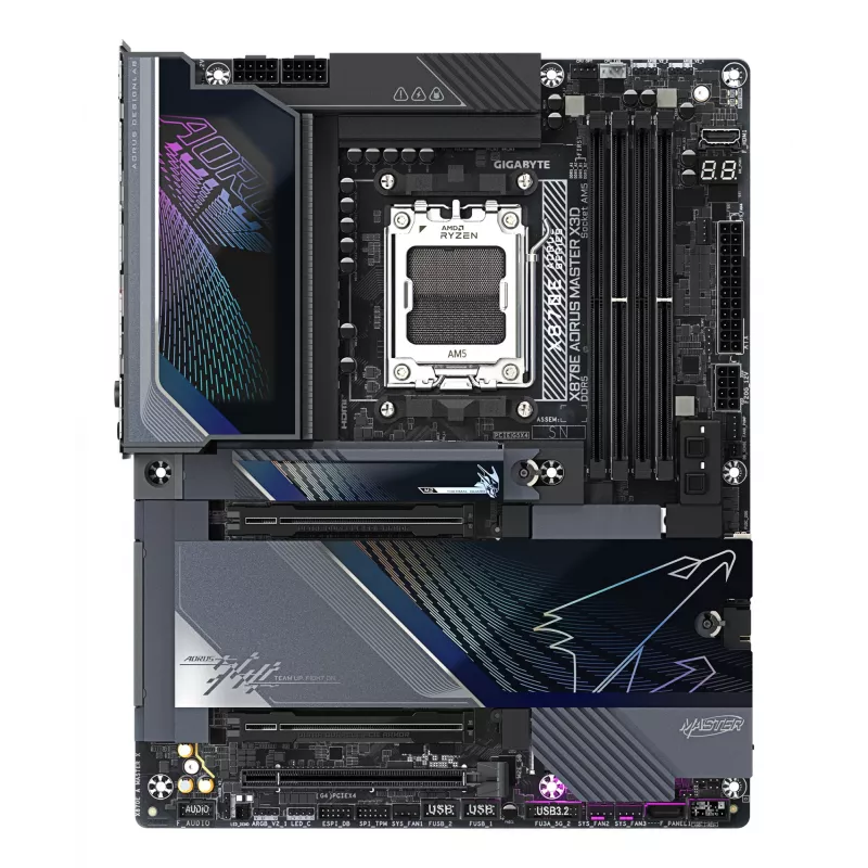 GIGABYTE X870E AORUS MASTER X3D mātesplate - Atbalsta AMD Ryzen 9000 CPU, 18+2+2 fāžu digitālais VRM, līdz 9000Hz DDR5 (OC), 2xPCIe 5.0 + 3xPCIe 4.0, Wi-Fi 7, 10GbE LAN, USB 4