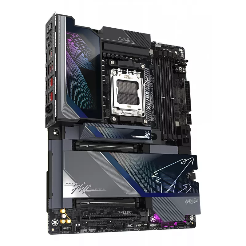 GIGABYTE X870E AORUS MASTER X3D mātesplate - Atbalsta AMD Ryzen 9000 CPU, 18+2+2 fāžu digitālais VRM, līdz 9000Hz DDR5 (OC), 2xPCIe 5.0 + 3xPCIe 4.0, Wi-Fi 7, 10GbE LAN, USB 4