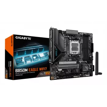 Mātesplate GIGABYTE B850M EAGLE WIFI7 — Micro ATX, Ligzda AM5, AMD B850, DDR5 līdz 8200MHz (O.C.), 4 DIMM, PCIe 5.0, Wi‑Fi 7, 2.5 GbE