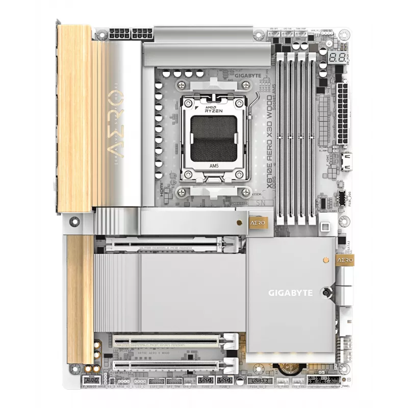 GIGABYTE X870E AERO X3D WOOD mātesplate - atbalsta AMD Ryzen 9000 CPU, 16+2+2 fāžu digitālais VRM, līdz 9000Hz DDR5 (OC), 2xPCIe 5.0 + 2xPCIe 4.0, Wi-Fi 7, 5GbE LAN, USB 4