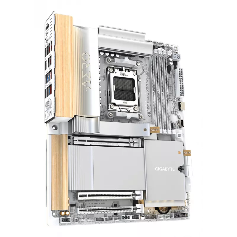 GIGABYTE X870E AERO X3D WOOD mātesplate - atbalsta AMD Ryzen 9000 CPU, 16+2+2 fāžu digitālais VRM, līdz 9000Hz DDR5 (OC), 2xPCIe 5.0 + 2xPCIe 4.0, Wi-Fi 7, 5GbE LAN, USB 4