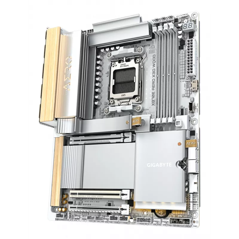 GIGABYTE X870E AERO X3D WOOD mātesplate - atbalsta AMD Ryzen 9000 CPU, 16+2+2 fāžu digitālais VRM, līdz 9000Hz DDR5 (OC), 2xPCIe 5.0 + 2xPCIe 4.0, Wi-Fi 7, 5GbE LAN, USB 4
