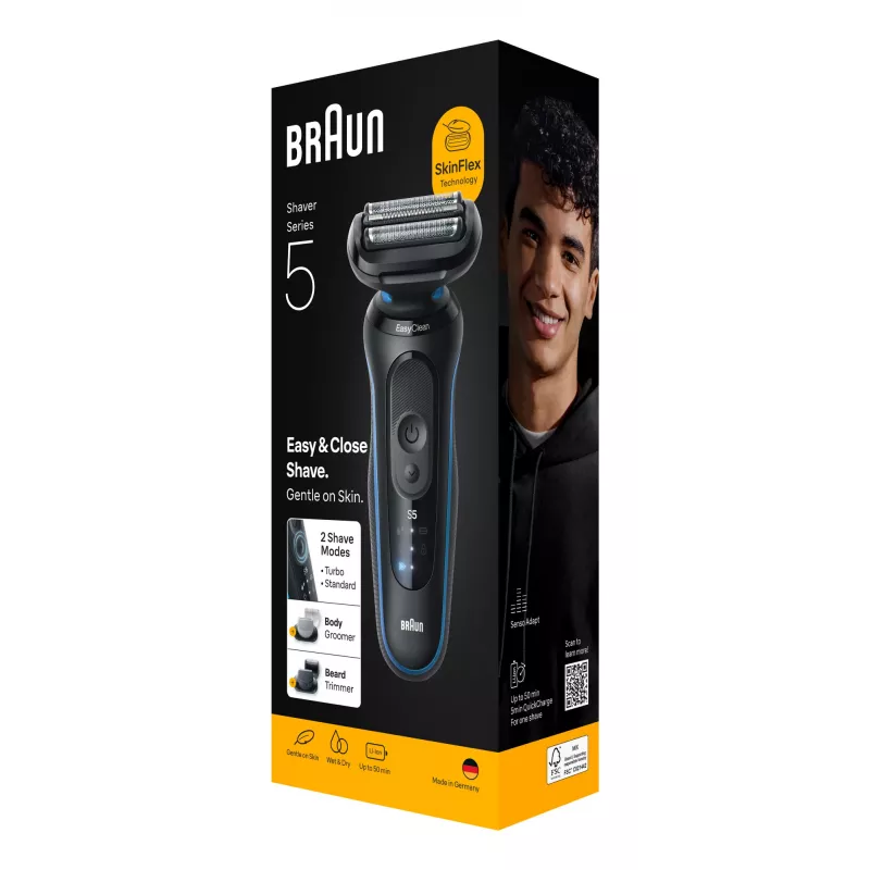 Plēkšņu skuveklis BRAUN Series 5 52-B1650S — 3 asmeņi, litija jonu akumulators, mitrai un sausai skūšanai, trimeris, zils