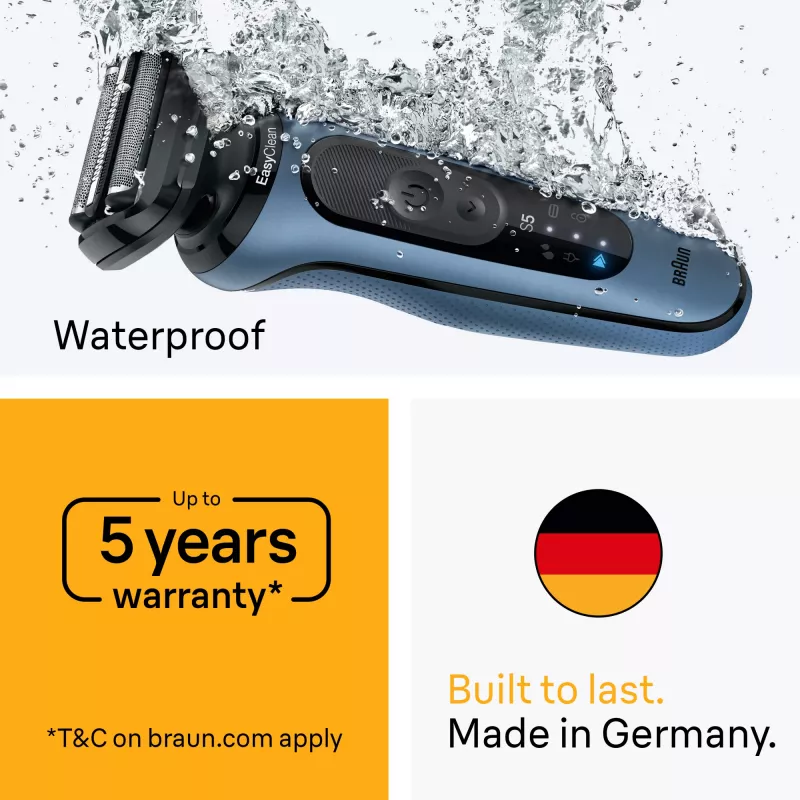 Plēkšņu skuveklis BRAUN Series 5 52-B1650S — 3 asmeņi, litija jonu akumulators, mitrai un sausai skūšanai, trimeris, zils