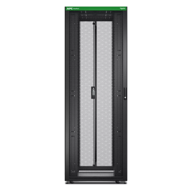 Brīvi stāvošs serveru plaukts APC Easy Rack 48U (melns) ar jumtu, riteņiem, kājām, 4 kronšteiniem, sānu paneļiem — 2258H x 800W x 1200D mm