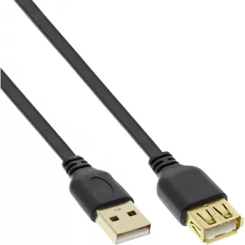 InLine USB 2.0 plakanais kabelis, A tipa vīris/ sievišķis, apzeltīti kontakti, melns, 2 m