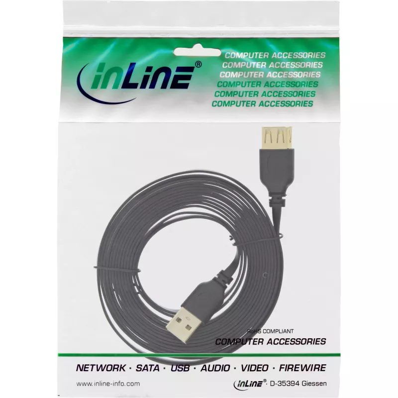 InLine USB 2.0 plakanais kabelis, A tipa vīris/ sievišķis, apzeltīti kontakti, melns, 2 m