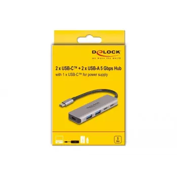 DELOCK USB centrmezgls 5 Gbps 2 porti USB Type-C un 2 porti Type-A pelēks metāla