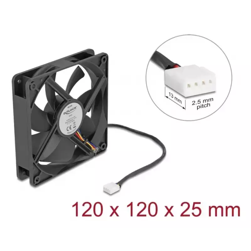 DELOCK 67303 Computer Case Fan 120 mm, 24 V, Ball Bearing, Melns