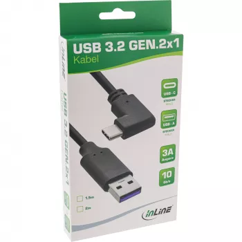 InLine USB 3.2 kabelis, USB-C vīrišķais leņķveida uz USB-A vīrišķais, melns, 2 m