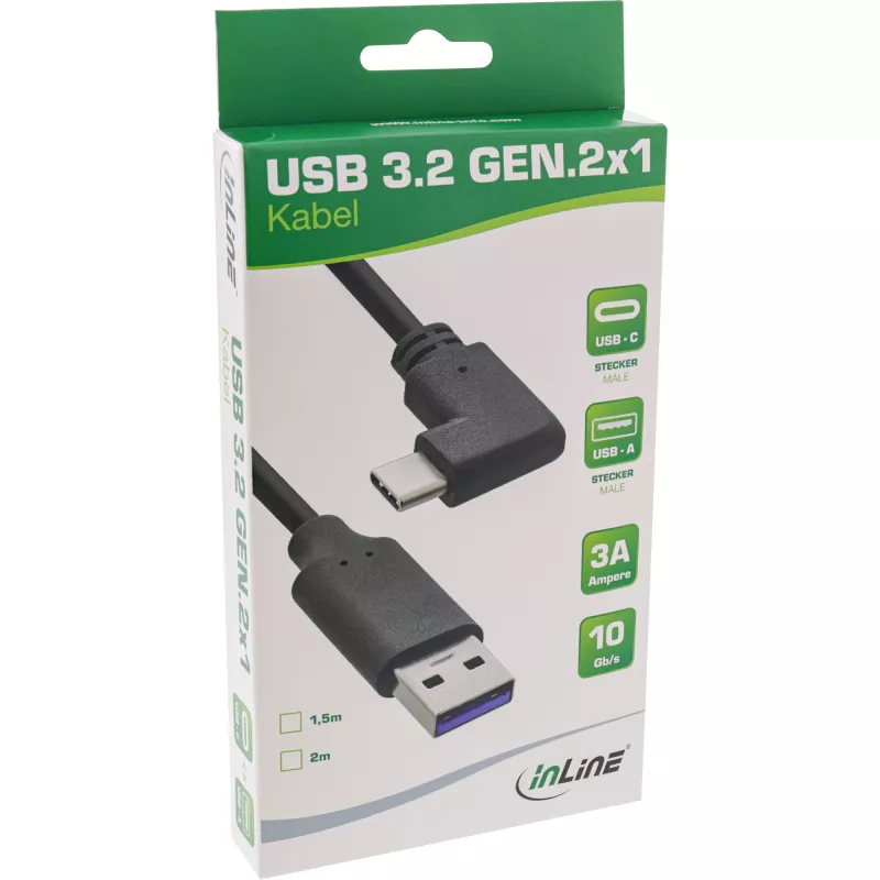 InLine USB 3.2 kabelis, USB-C vīrišķais leņķveida uz USB-A vīrišķais, melns, 2 m