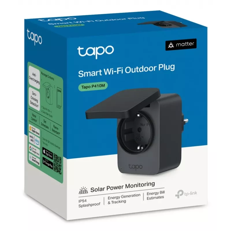 Viedais kontaktdakša TP-Link Tapo P410M — āra Wi‑Fi ligzda, 3680 W, 200–250 V, melna