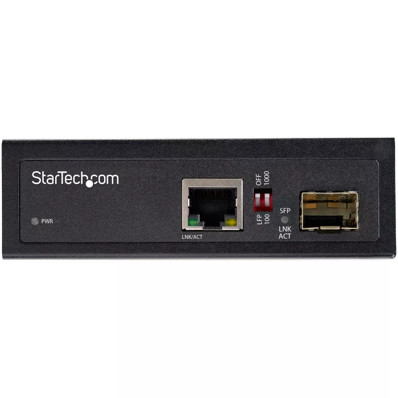 StarTech.com rūpnieciskais optiskās šķiedras uz Ethernet multivides pārveidotājs — 10/100/1000 Mb/s SFP uz RJ45/Cat6 — vienmoda/daudzmodu optiskā šķiedra uz vara gigabitu tīkls — 12–56 V līdzstrāva — IP-30 / -40 līdz +75 °C
