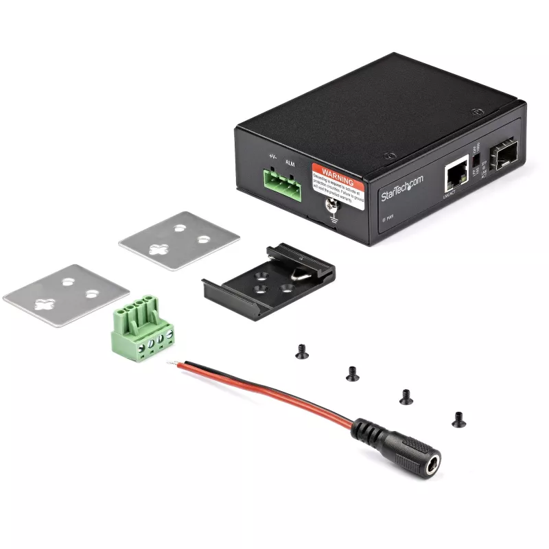 StarTech.com rūpnieciskais optiskās šķiedras uz Ethernet multivides pārveidotājs — 10/100/1000 Mb/s SFP uz RJ45/Cat6 — vienmoda/daudzmodu optiskā šķiedra uz vara gigabitu tīkls — 12–56 V līdzstrāva — IP-30 / -40 līdz +75 °C
