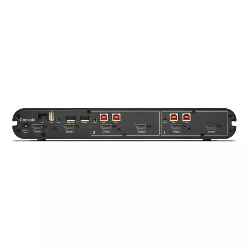 KVM slēdzis Belkin Universal 2nd Gen — 2 portu drošs KVM, HDMI/DisplayPort, 4K@60Hz, USB tastatūra/pele, melns, montāža statīvā