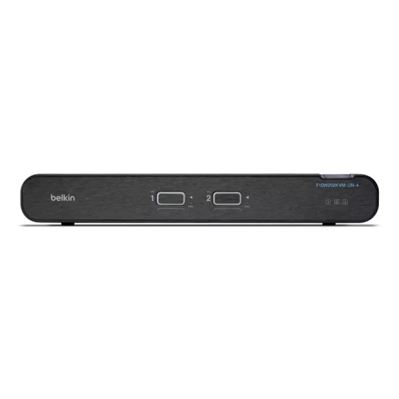 KVM slēdzis Belkin Universal 2nd Gen — 2 portu drošs KVM, HDMI/DisplayPort, 4K@60Hz, USB tastatūra/pele, melns, montāža statīvā