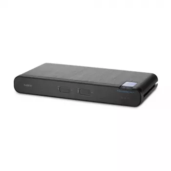 KVM slēdzis Belkin Universal 2nd Gen — 2 portu drošs KVM, HDMI/DisplayPort, 4K@60Hz, USB tastatūra/pele, melns, montāža statīvā