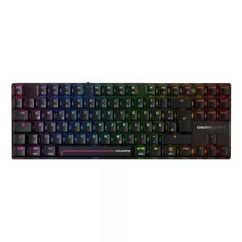 Bezvadu spēļu tastatūra CHERRY MX 8.2 Pro TMR — Tenkeyless, QWERTZ vācu, USB + RF + Bluetooth, RGB, 88 taustiņi, Melna