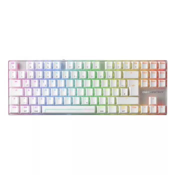 Bezvadu spēļu tastatūra CHERRY MX 8.2 Pro TMR — Tenkeyless, QWERTZ vācu, USB + RF + Bluetooth, RGB, Sudraba/Balta