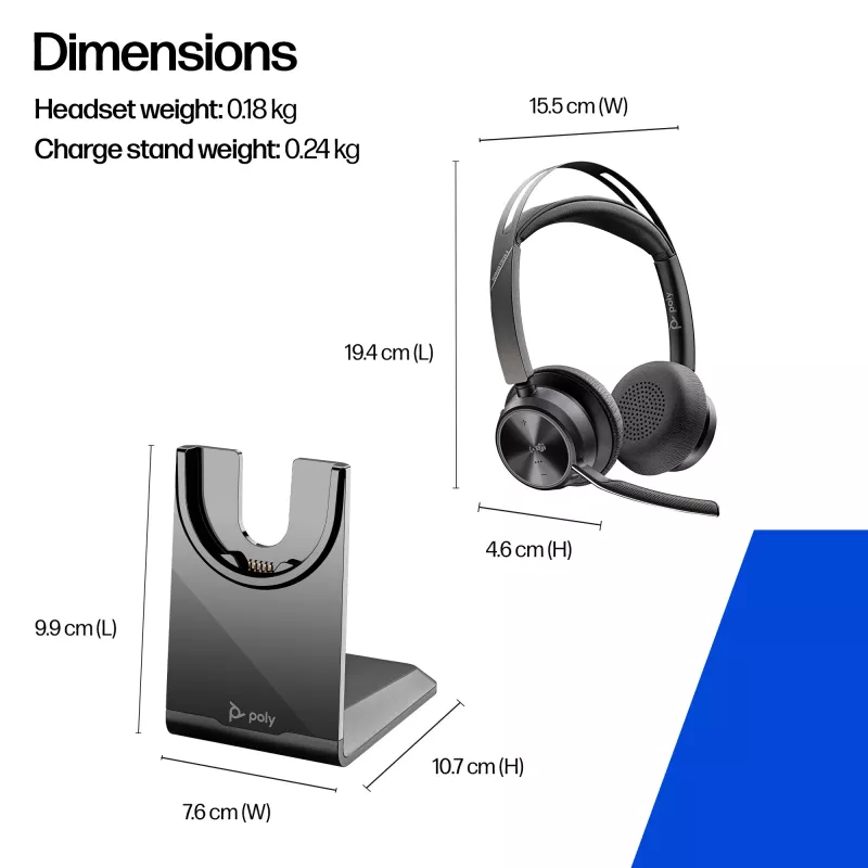 HP Poly Voyager Focus 2-M USB-C austiņas USB-C/A adapteris uzlādes statīvs