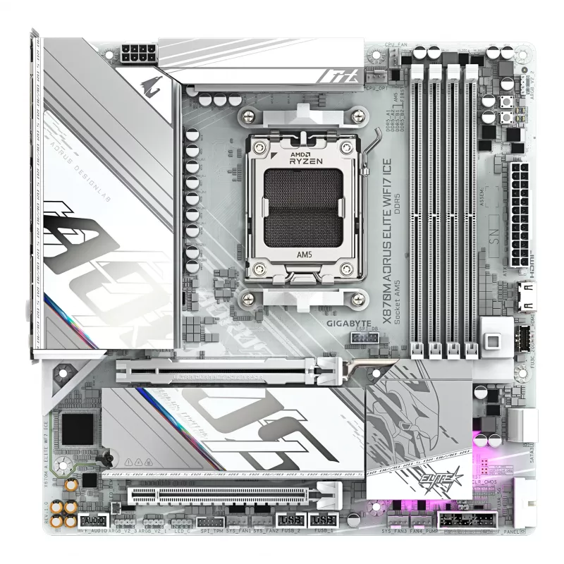 GIGABYTE mātesplate X870M AORUS ELITE WIFI7 ICE — Micro ATX, AMD X870, Socket AM5, DDR5 līdz 8200MHz (O.C), 14+2+2 VRM, PCIe 5.0, Wi‑Fi 7, 2.5 GbE, USB4