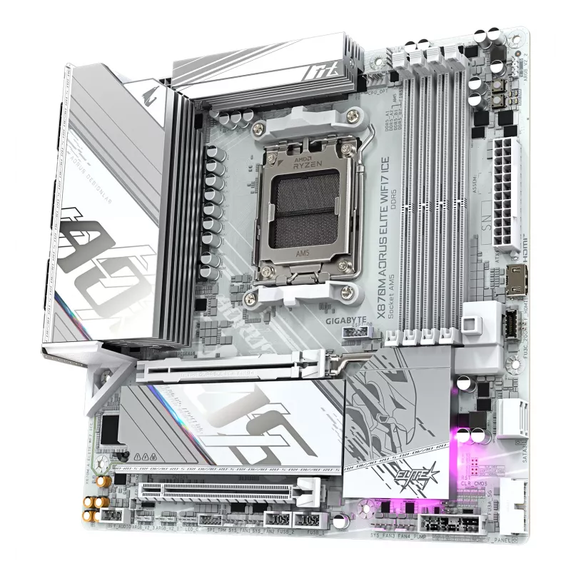 GIGABYTE mātesplate X870M AORUS ELITE WIFI7 ICE — Micro ATX, AMD X870, Socket AM5, DDR5 līdz 8200MHz (O.C), 14+2+2 VRM, PCIe 5.0, Wi‑Fi 7, 2.5 GbE, USB4