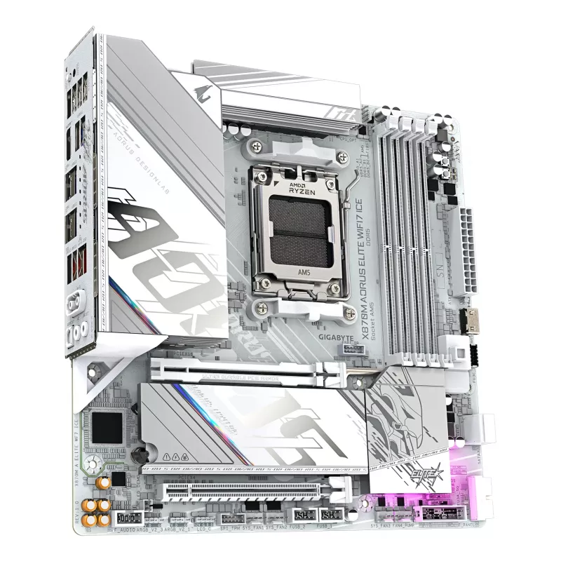 GIGABYTE mātesplate X870M AORUS ELITE WIFI7 ICE — Micro ATX, AMD X870, Socket AM5, DDR5 līdz 8200MHz (O.C), 14+2+2 VRM, PCIe 5.0, Wi‑Fi 7, 2.5 GbE, USB4