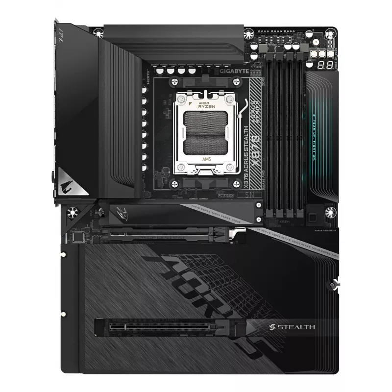 GIGABYTE X870 AORUS STEALTH mātesplate - atbalsta AMD Ryzen 9000 centrālos procesorus, 16+2+2 fāžu digitālais VRM, līdz 8200MHz DDR5 (OC), 2xPCIe 5.0 + 2xPCIe 4.0, Wi-Fi 7, 5 GbE LAN, USB 4