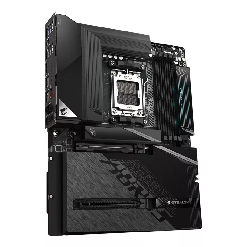GIGABYTE X870 AORUS STEALTH mātesplate - atbalsta AMD Ryzen 9000 centrālos procesorus, 16+2+2 fāžu digitālais VRM, līdz 8200MHz DDR5 (OC), 2xPCIe 5.0 + 2xPCIe 4.0, Wi-Fi 7, 5 GbE LAN, USB 4
