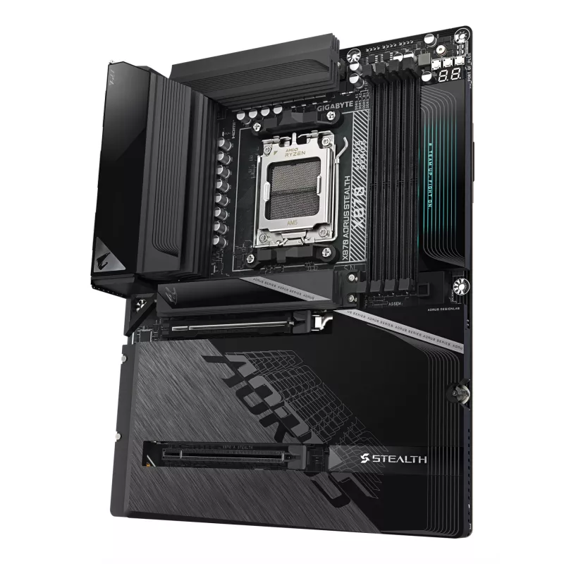 GIGABYTE X870 AORUS STEALTH mātesplate - atbalsta AMD Ryzen 9000 centrālos procesorus, 16+2+2 fāžu digitālais VRM, līdz 8200MHz DDR5 (OC), 2xPCIe 5.0 + 2xPCIe 4.0, Wi-Fi 7, 5 GbE LAN, USB 4