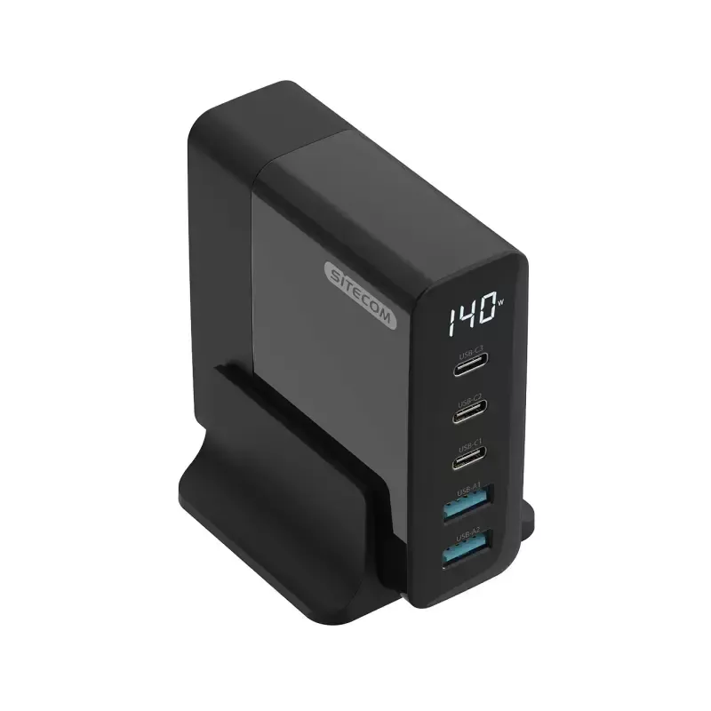 Mobilo ierīču lādētājs Sitecom CH-1004 — Universāls iekštelpu maiņstrāvas lādētājs, 100–240 V ieeja, līdz 20 V izeja, 3× USB-C, melns