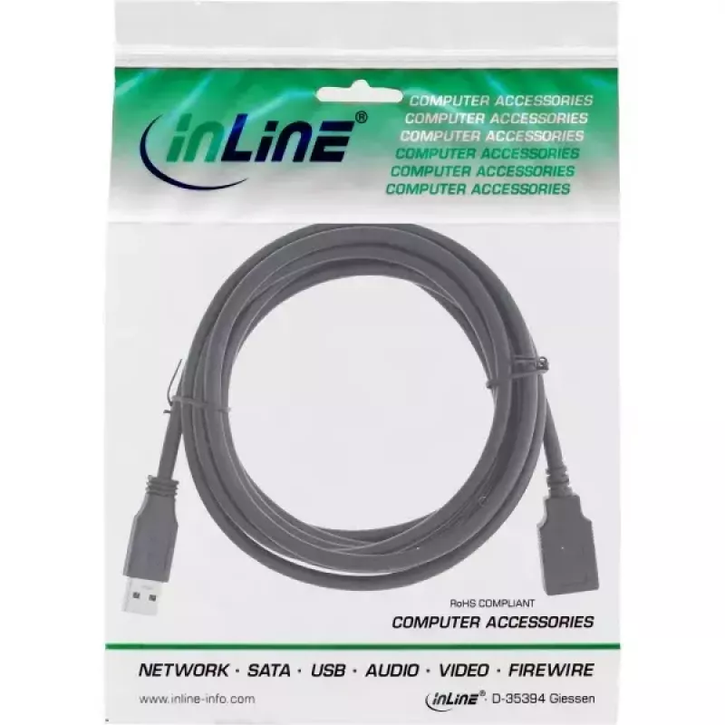USB 3.2 Gen 1 (USB 3.0) pagarinātāja kabelis A vīrišķais–A sievišķais, InLine, 2 m, melns — 50 gab. iepakojumā