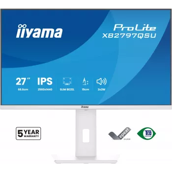 27 collu IIYAMA ProLite XB2797QSU-W1 IPS Quad HD (2560x1440) LED monitors, 178° skata leņķis, USB 3.2 centrmezgls, skaļruņi, VESA, regulējams augstums, balts