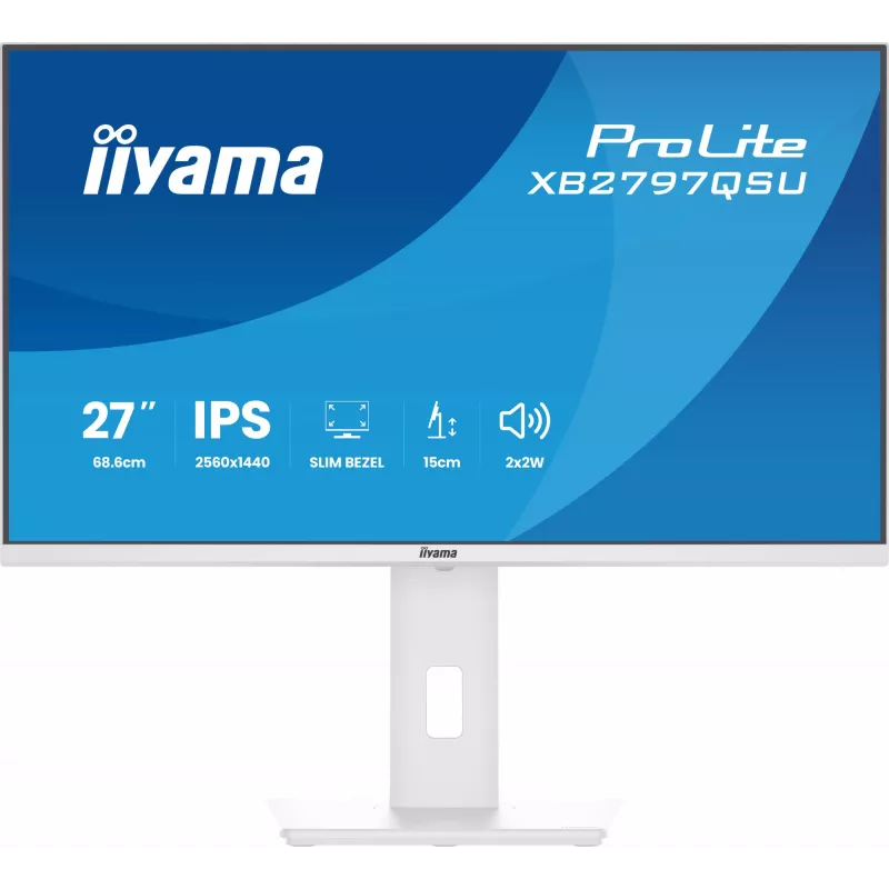 27 collu IIYAMA ProLite XB2797QSU-W1 IPS Quad HD (2560x1440) LED monitors, 178° skata leņķis, USB 3.2 centrmezgls, skaļruņi, VESA, regulējams augstums, balts