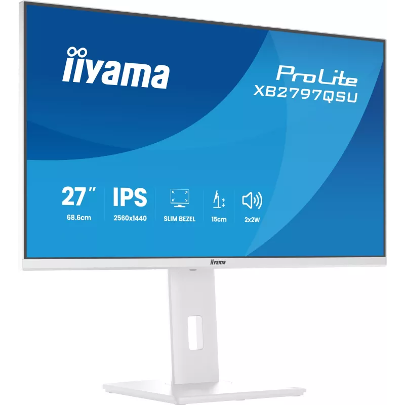 27 collu IIYAMA ProLite XB2797QSU-W1 IPS Quad HD (2560x1440) LED monitors, 178° skata leņķis, USB 3.2 centrmezgls, skaļruņi, VESA, regulējams augstums, balts