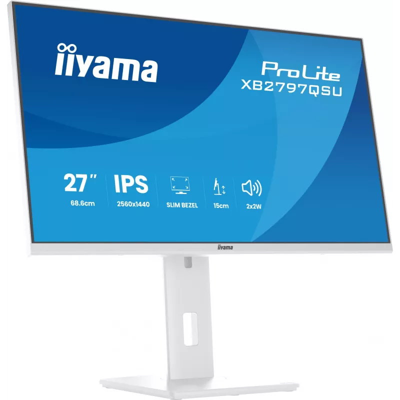 27 collu IIYAMA ProLite XB2797QSU-W1 IPS Quad HD (2560x1440) LED monitors, 178° skata leņķis, USB 3.2 centrmezgls, skaļruņi, VESA, regulējams augstums, balts