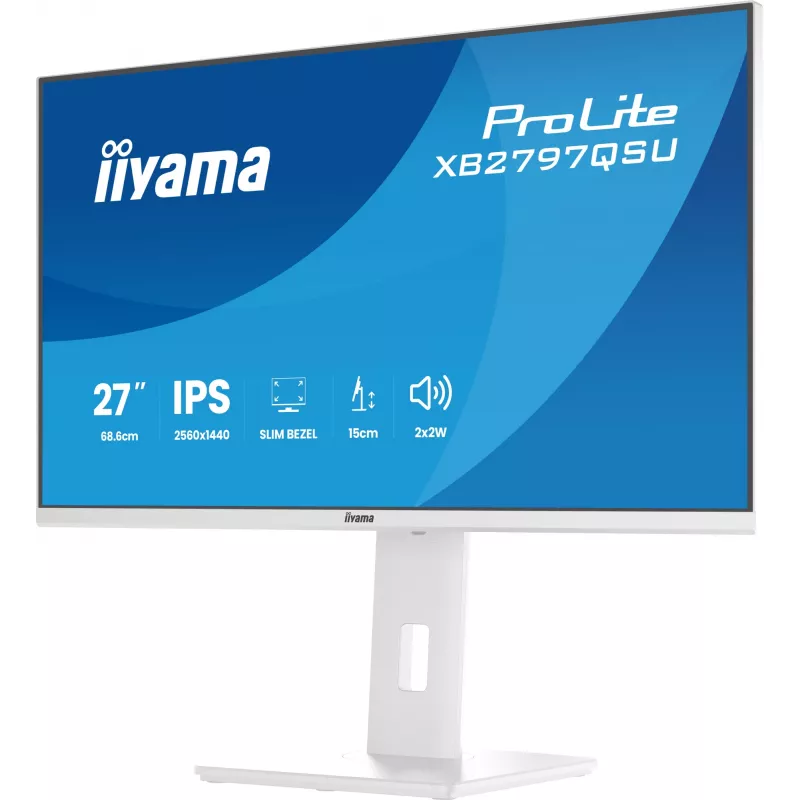 27 collu IIYAMA ProLite XB2797QSU-W1 IPS Quad HD (2560x1440) LED monitors, 178° skata leņķis, USB 3.2 centrmezgls, skaļruņi, VESA, regulējams augstums, balts