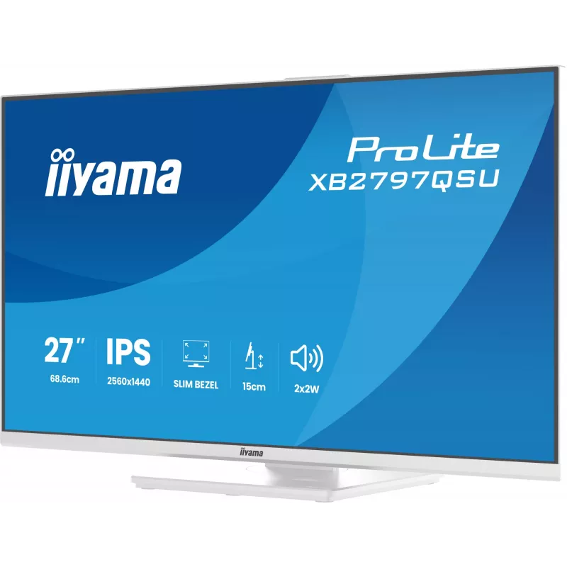 27 collu IIYAMA ProLite XB2797QSU-W1 IPS Quad HD (2560x1440) LED monitors, 178° skata leņķis, USB 3.2 centrmezgls, skaļruņi, VESA, regulējams augstums, balts