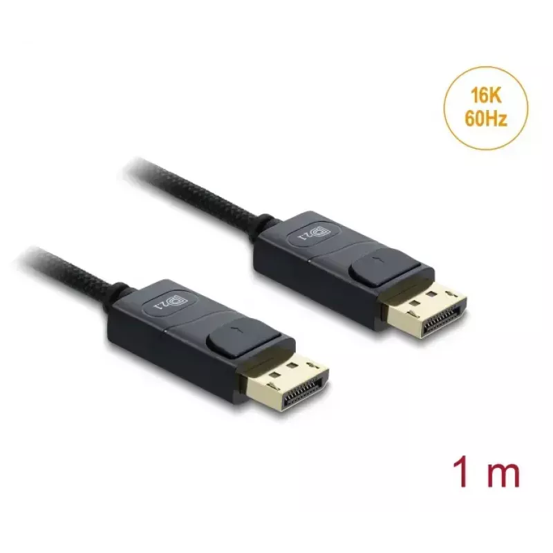 DELOCK Coaxial DisplayPort kabelis 16K 60 Hz 80 Gbps pīts pārklājums 1 m, DisplayPort uz DisplayPort, melns