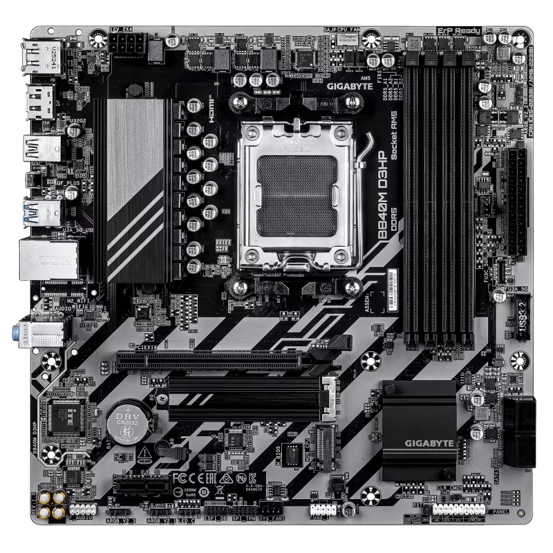 GIGABYTE B840M D3HP mātesplate - AMD Ryzen 9000 procesori, 8+2+2 fāžu VRM, līdz 8200MHz DDR5(O.C), 2xPCIe 4.0 M.2, 1GbE LAN, USB 3.2 Gen 2