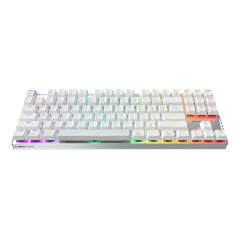 Wireless Gaming tastatūra Cherry MX 8.2 Pro TMR — Tenkeyless 88-key, USB + RF + Bluetooth, Magnetic-mechanical switches, RGB, Silver/balta