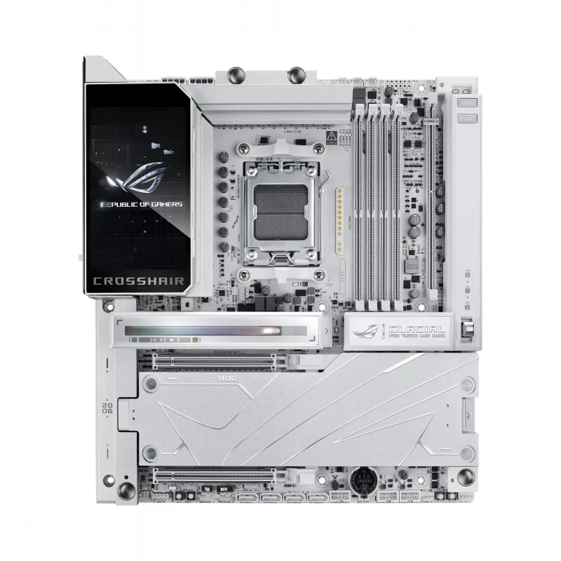 Mātesplate ASUS ROG CROSSHAIR X870E GLACIAL — AMD X870E, Socket AM5, E-ATX, DDR5, līdz 256 GB, Wi‑Fi 7, 10Gb Ethernet