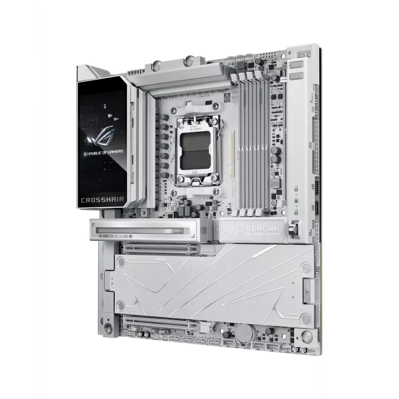Mātesplate ASUS ROG CROSSHAIR X870E GLACIAL — AMD X870E, Socket AM5, E-ATX, DDR5, līdz 256 GB, Wi‑Fi 7, 10Gb Ethernet
