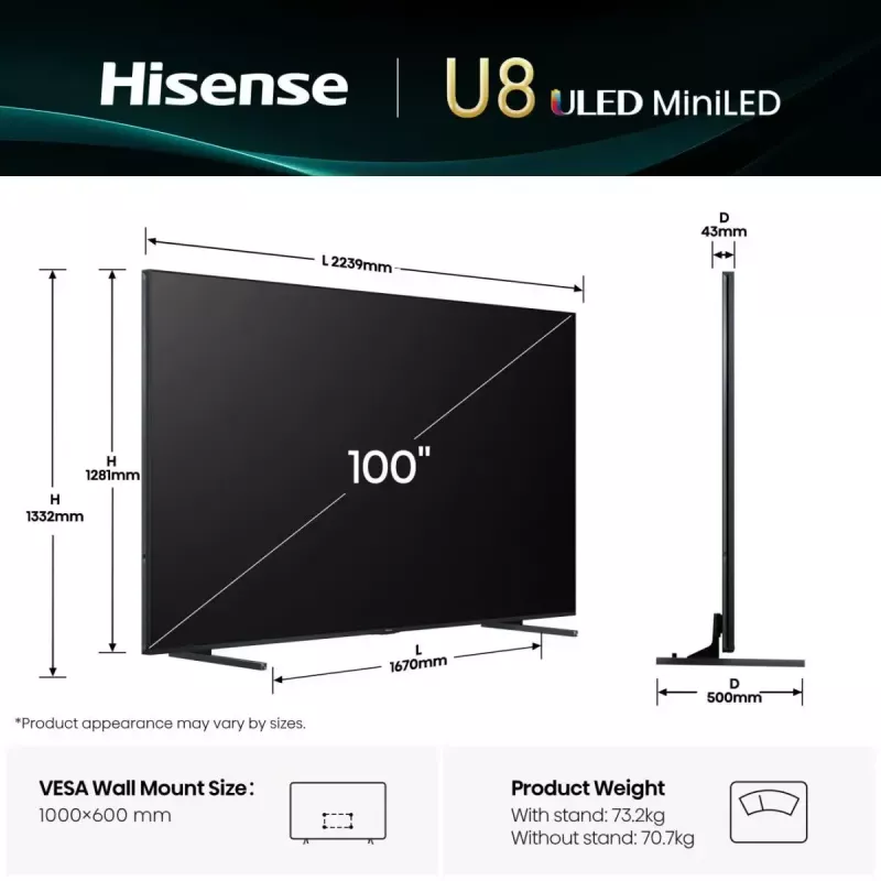 TV Hisense 100U8Q 100 collas (253 cm) 4K ULED viedais televizors Mini LED, VIDAA, Wi‑Fi, DVB-T2/C/S2, melns/pelēks