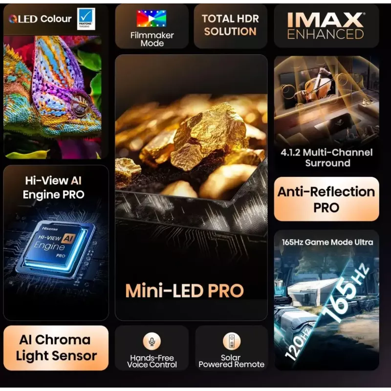 TV Hisense 100U8Q 100 collas (253 cm) 4K ULED viedais televizors Mini LED, VIDAA, Wi‑Fi, DVB-T2/C/S2, melns/pelēks